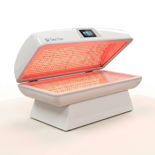 Red Light Therapy Capsule Built for Full-Body Wellness, 600W Medical-Grade LEDs, Touchscreen Control, Clamshell — Studio Shot