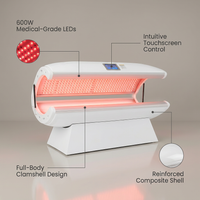 Red Light Therapy Capsule Built for Full-Body Wellness, 600W Medical-Grade LEDs, Touchscreen Control, Clamshell — infographic